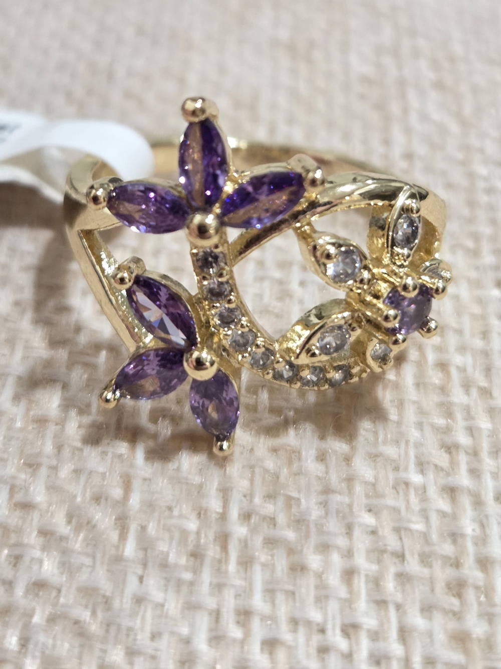 Gold-Tone Purple Flower Ring with Clear Accents~ Size 9